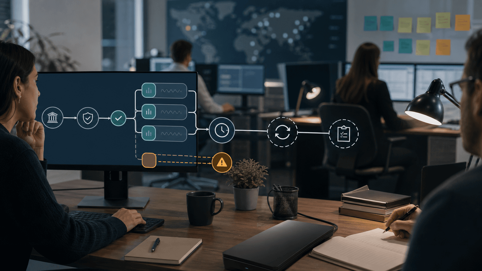 Editorial image of bank-link reliability, showing consent, account data, webhook and risk-review checkpoints without readable UI or logos.
