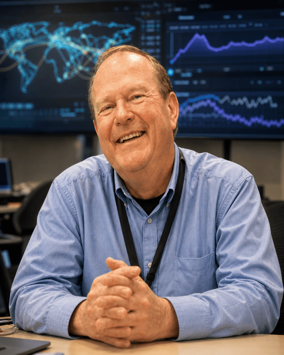Geoff Huston in an editorial portrait seated in a research setting with abstract internet measurement and routing visuals behind him.