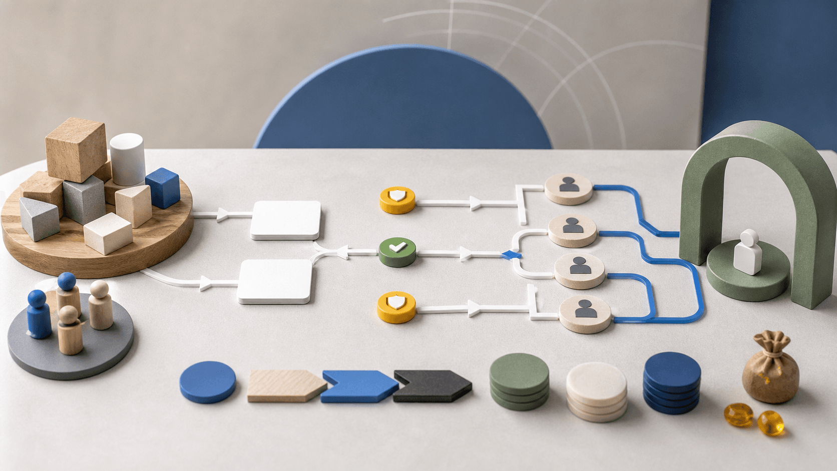 Editorial image of creator-platform state reliability, showing build, safety, moderation and payout checkpoints without readable UI or logos.