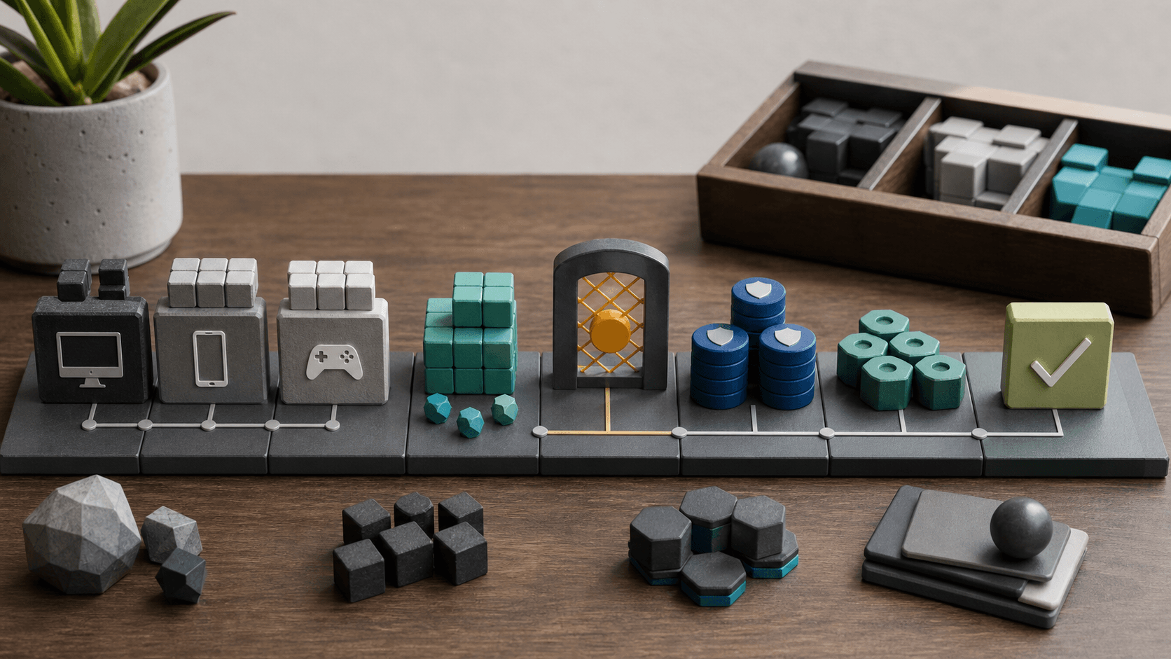 Editorial image of cross-platform build reliability, showing build matrix, asset pipeline and compatibility checkpoints without readable UI or logos.