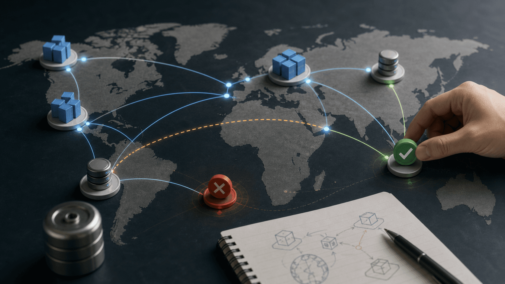 Editorial image of globally placed app reliability, showing region placement, routing, storage and failover checkpoints without readable UI or logos.
