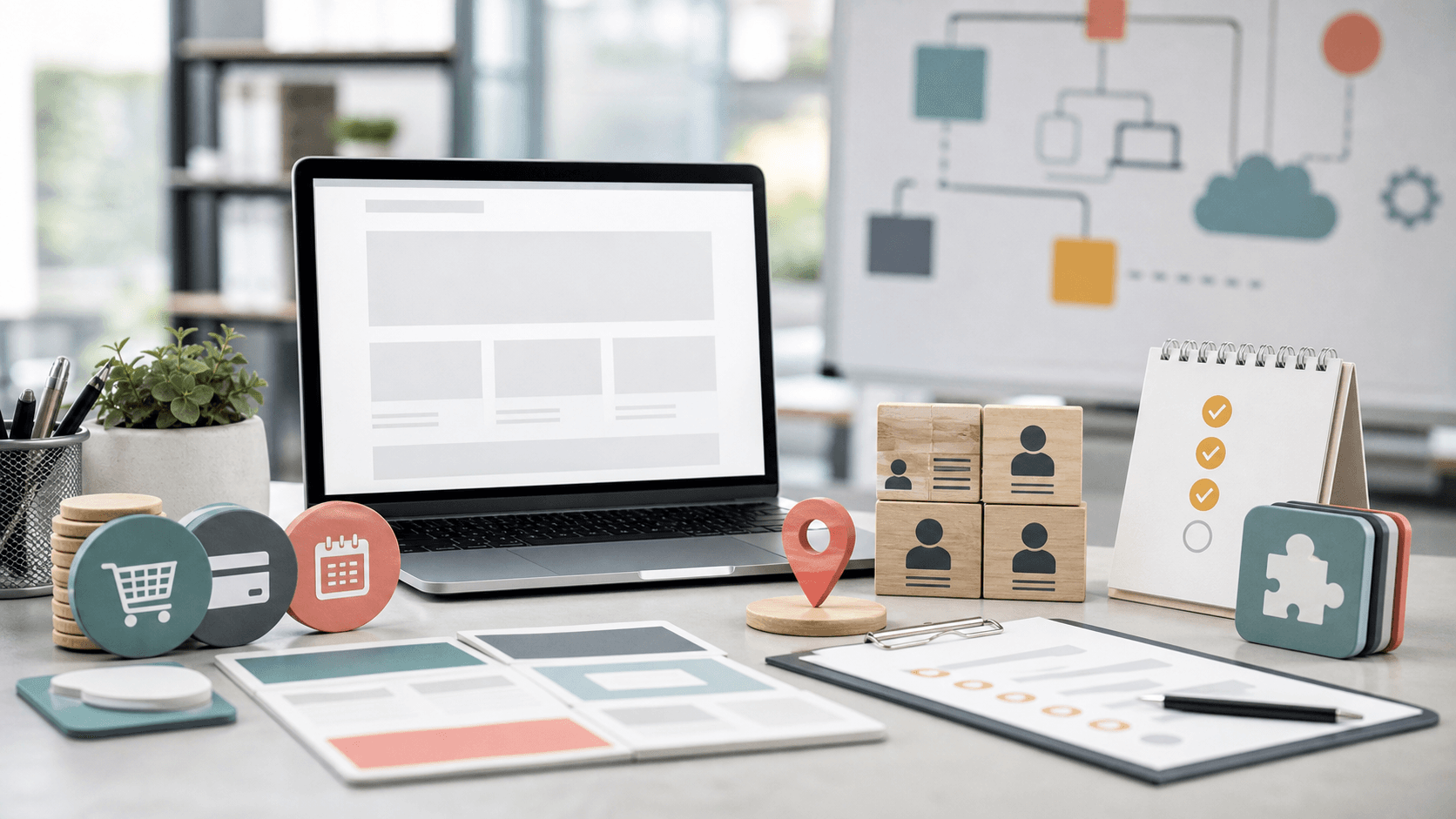 Editorial image of business-site publishing reliability, showing website, booking, payment and customer-record checkpoints without readable UI or logos.