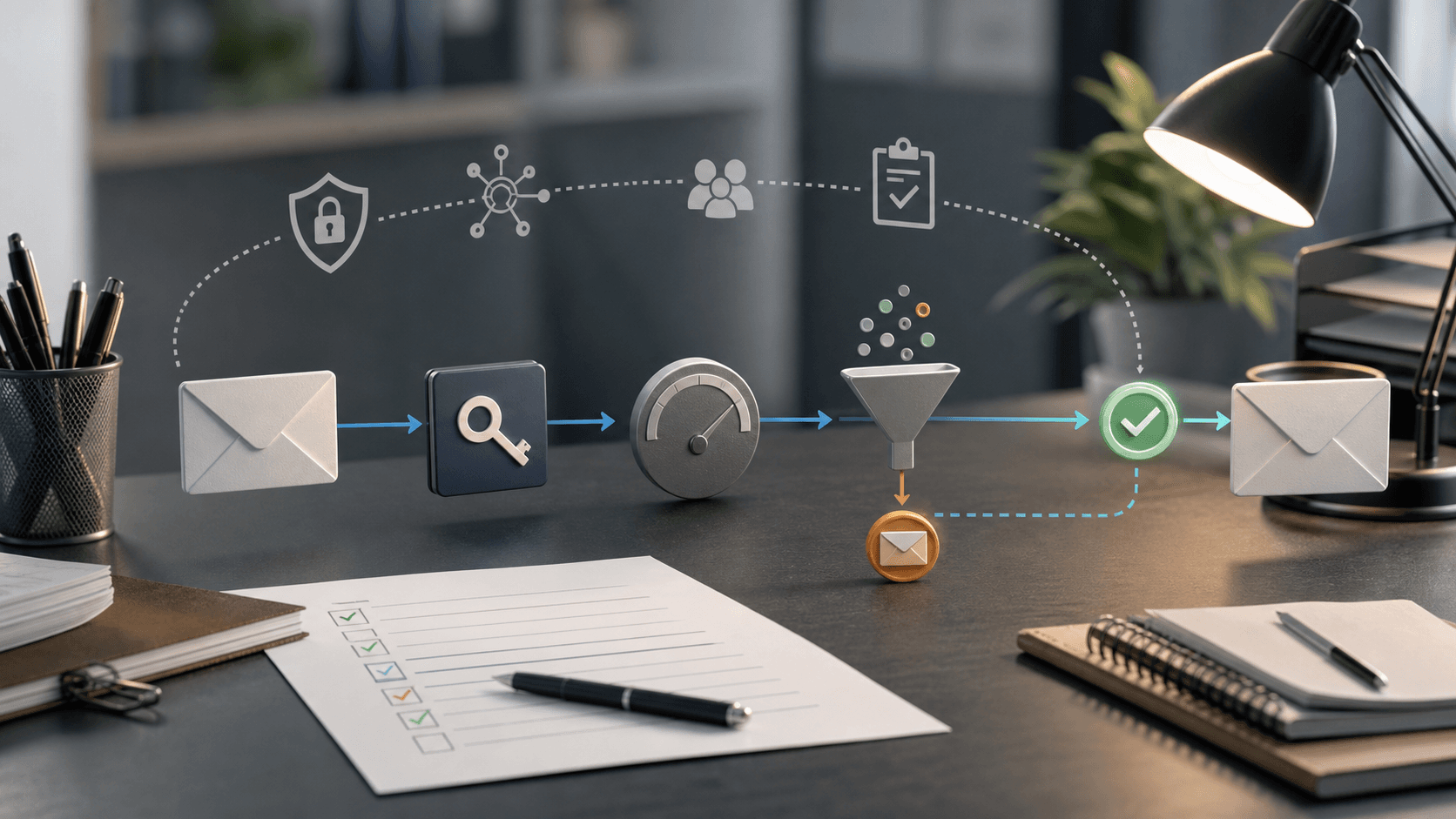 Editorial image of email delivery reliability, showing authentication, reputation, suppression and delivery checkpoints without readable UI or logos.