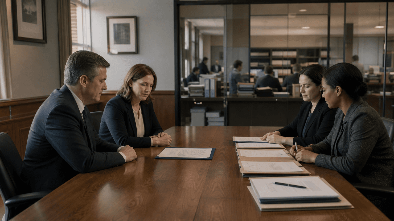 Counsel and registry specialists compare a signed institutional memorandum with separate operator and customer files across a long legal-review table.