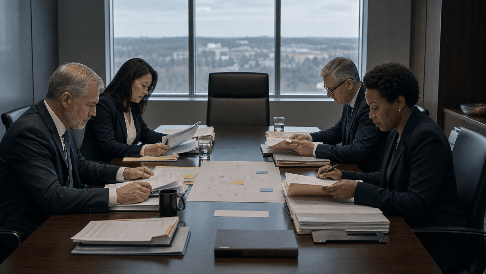 Registry, member and network specialists review separate continuity files around a boardroom table with an unoccupied chair at its head.