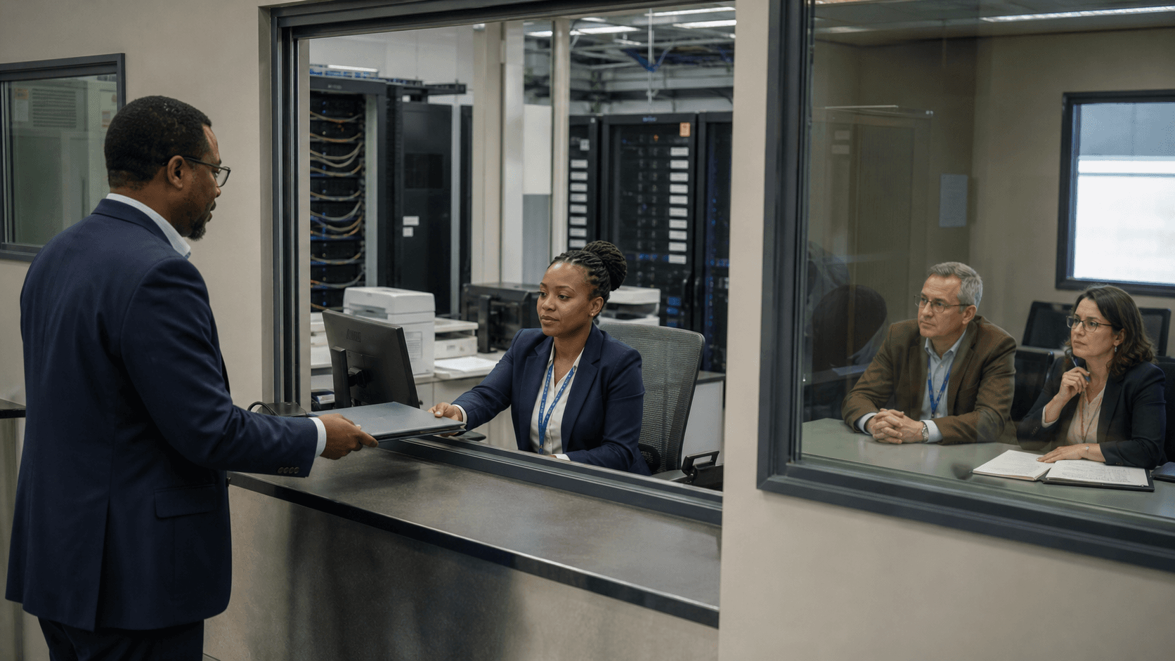 A network operator presents registration documents at a single secure regional service counter while independent reviewers observe from a glass-walled room.