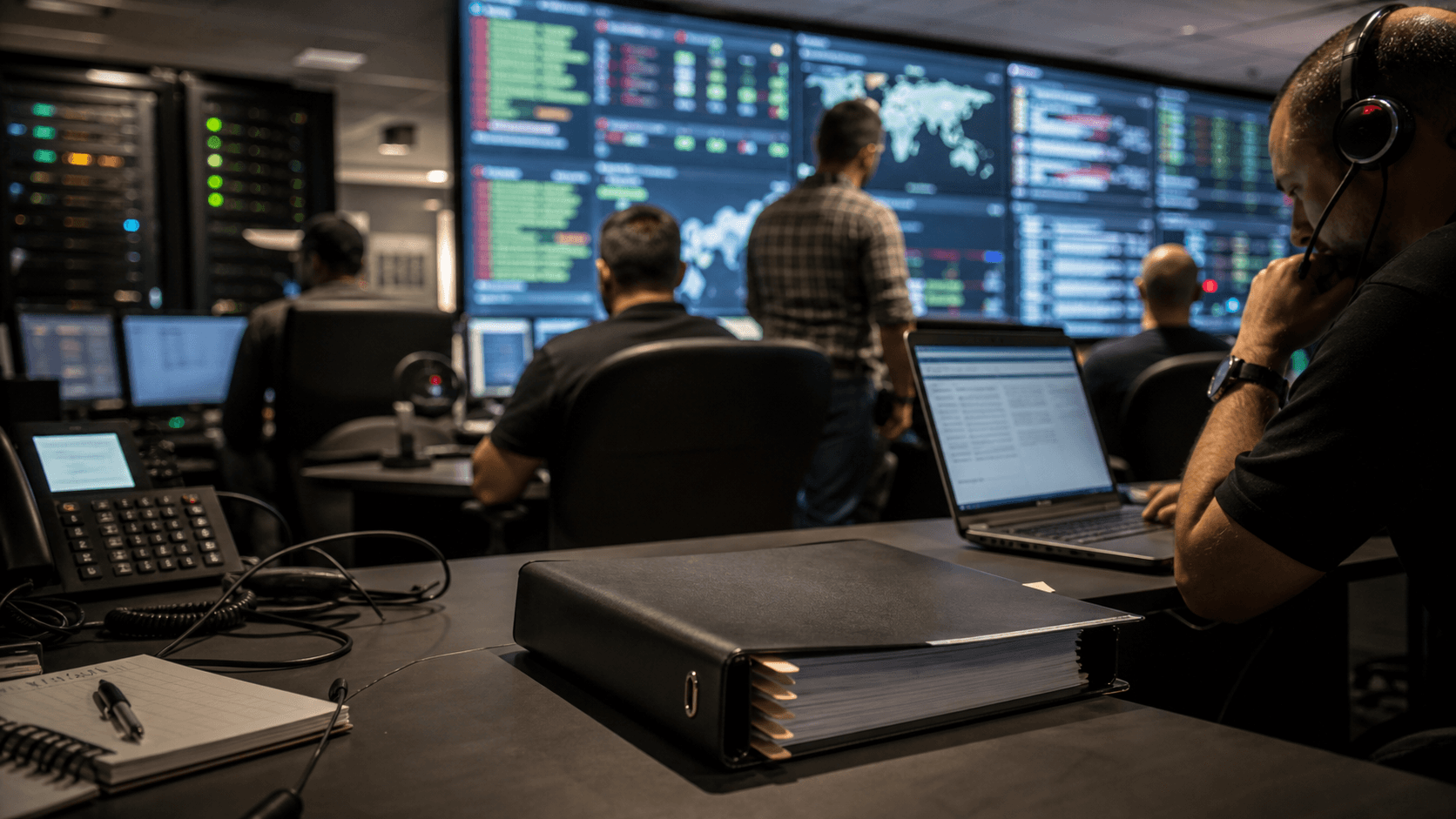 Network engineers respond to an incident in an operations room while a closed legal binder rests beside blurred outage displays.