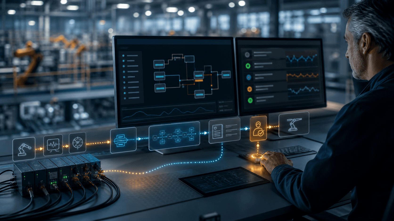 Editorial image of Xalt explainable integration reliability, showing industrial data connectors, rule traceability, human approval and accepted action checkpoints without logos or readable UI.