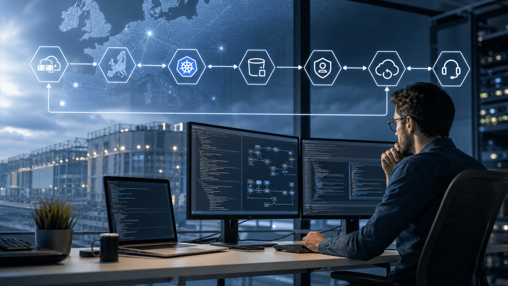 Editorial image of Akenes SA and Exoscale regional cloud reliability, showing European cloud deployment, orchestration, storage, identity and recovery checkpoints without logos or readable UI.