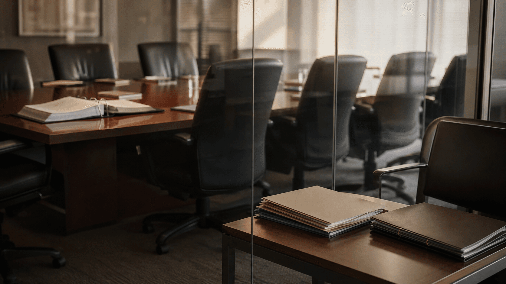 An open bylaw binder rests on an internal boardroom table while non-member and customer folders remain outside the glass meeting room.