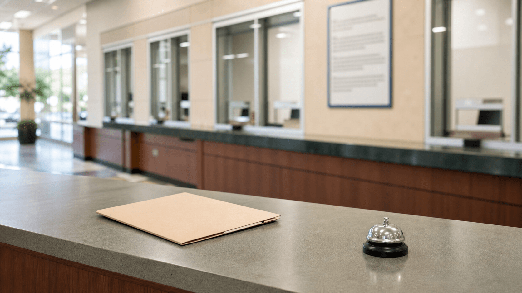 A complaint folder and silent desk bell sit at an unoccupied reception counter beneath a blurred mission-clause poster.