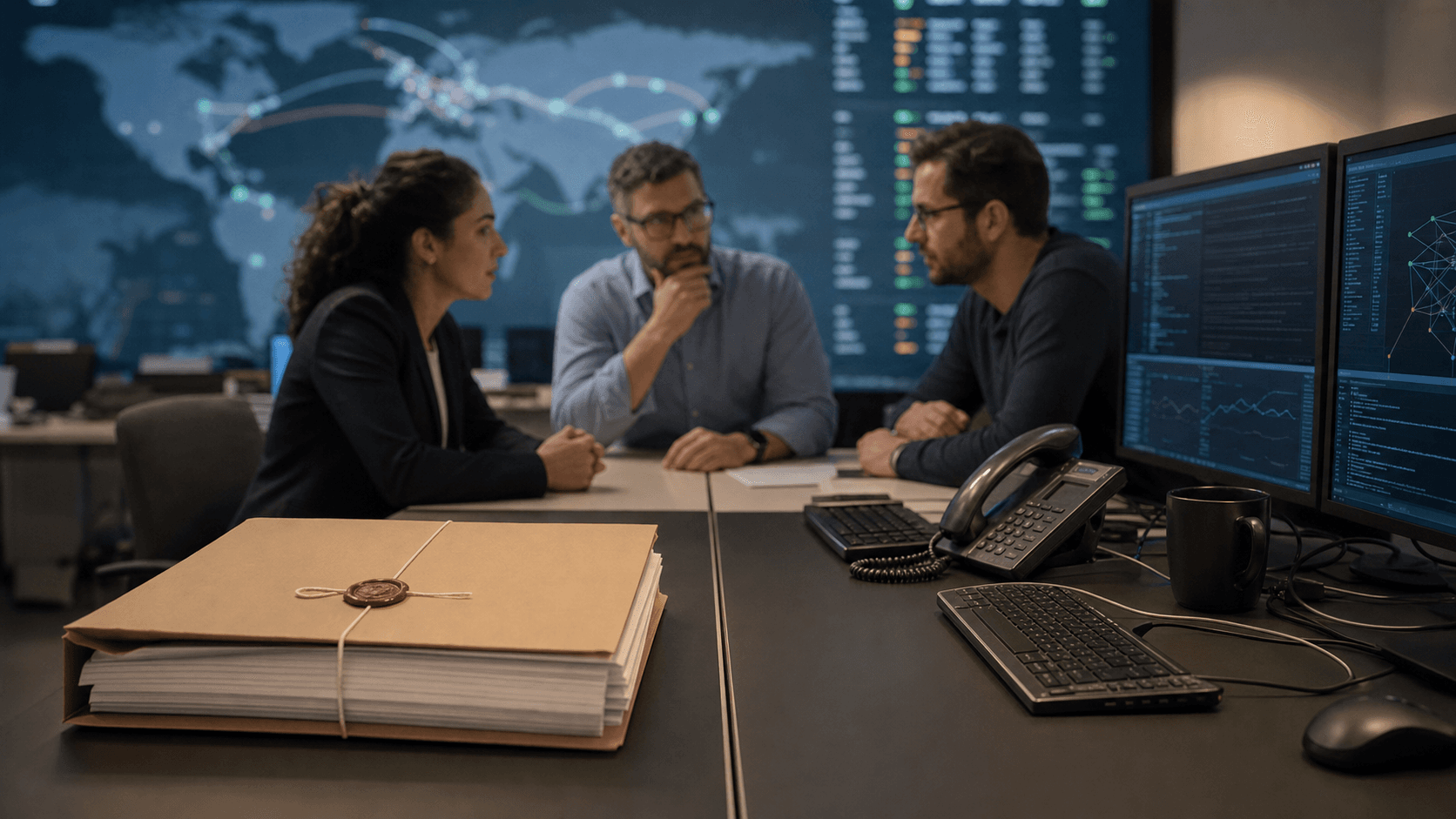 A sealed legal folder sits on one side of a divided operations desk while engineers monitor a softly blurred global network-status display across the room.