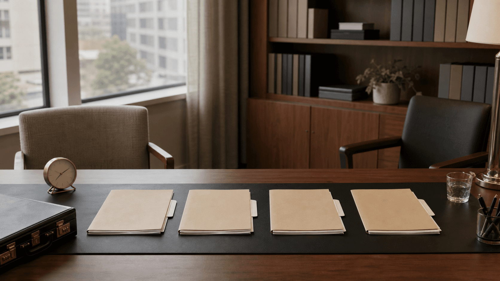 Four unlabeled case folders are arranged in sequence across a registry review desk between an applicant's chair and an independent reviewer's chair.