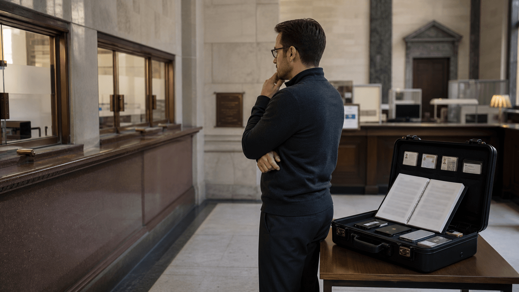 A network operator weighs an immovable registry service counter against a compact continuity case holding sealed credentials and an unreadable ledger.