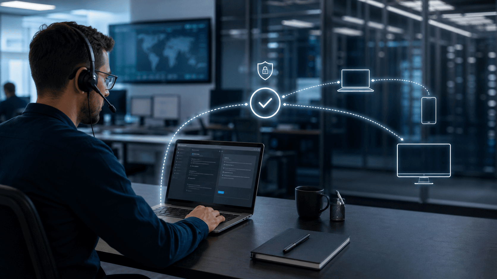 Editorial image showing the operational workflow behind AnyDesk Software GmbH: move a support or administration request into an accepted remote session that resolves work without leaving unnecessary privilege behind.