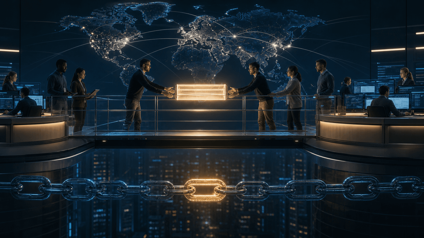 A network operator carries one illuminated number-resource record across a secure bridge between two independent registry service desks while the global routing map remains continuous.