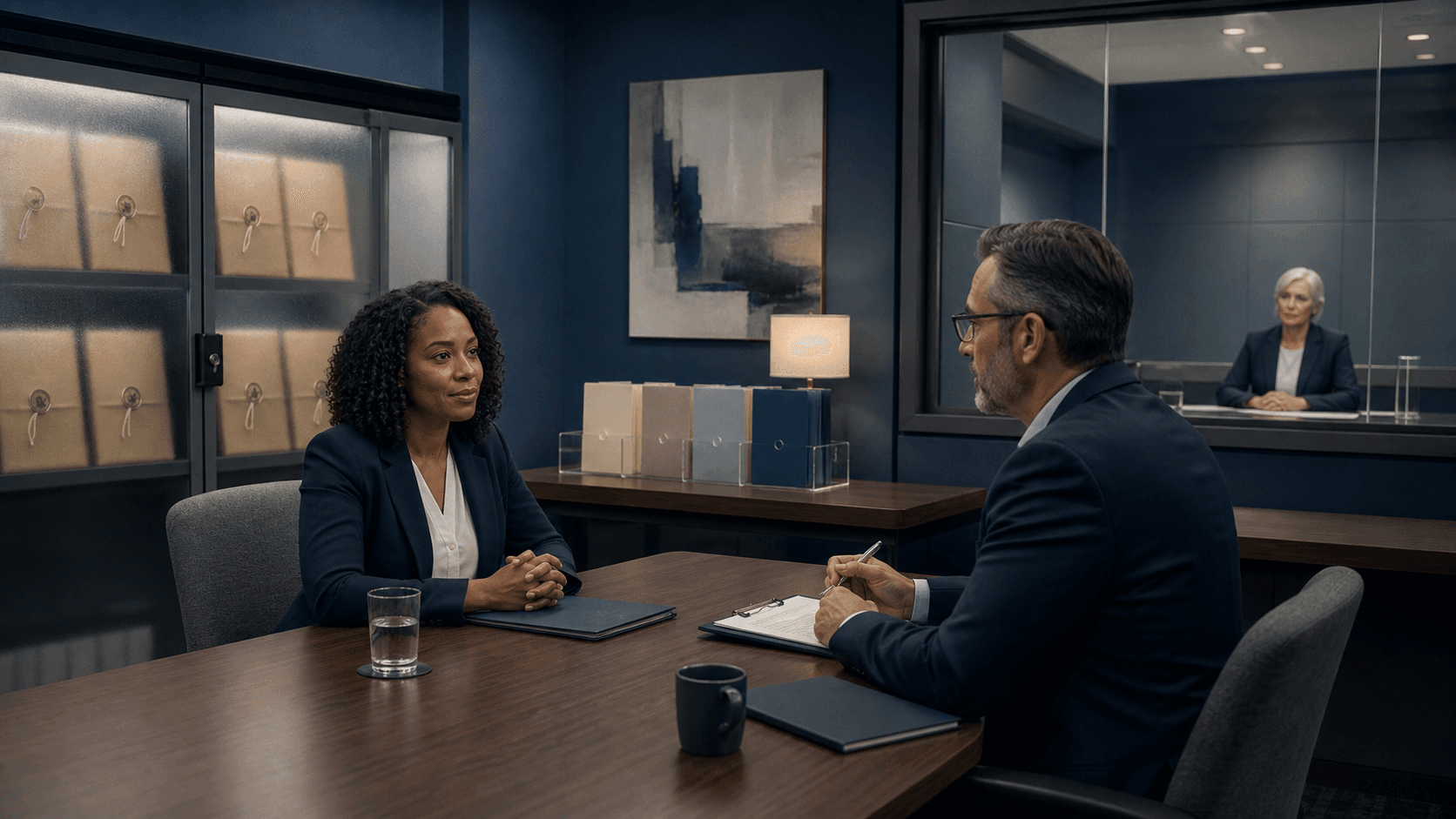 A candidate sits across from an independent reviewer while sealed personal records and a transparent decision summary remain visibly separated.