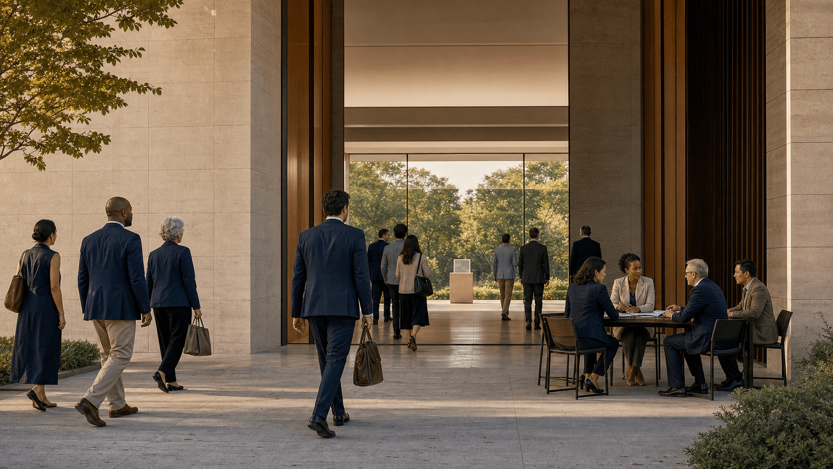 A broad group of prospective candidates approaches an open institutional gateway while a small committee observes from a separate review table.