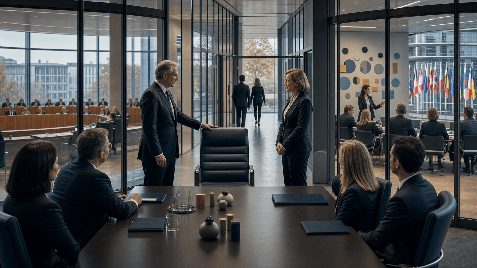 A departing board member hands over one chair while several connected committee and council paths remain visible under independent oversight.