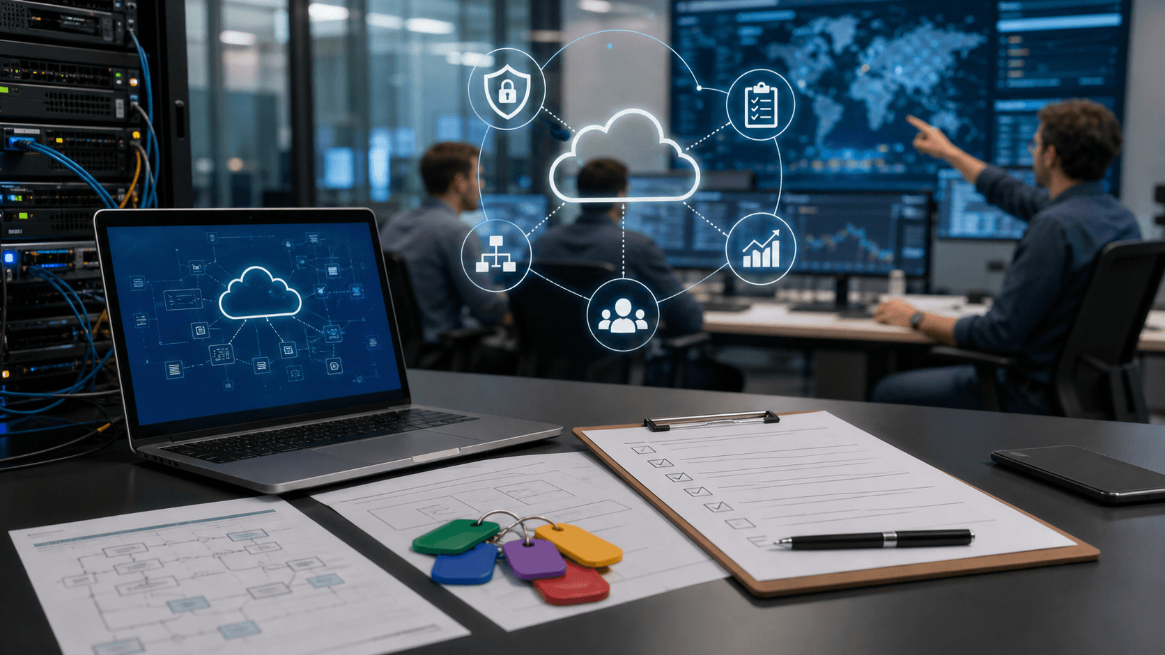 Editorial image of a cloud migration handoff desk with server rack, blurred runbooks, access tags and abstract cloud operations icons.