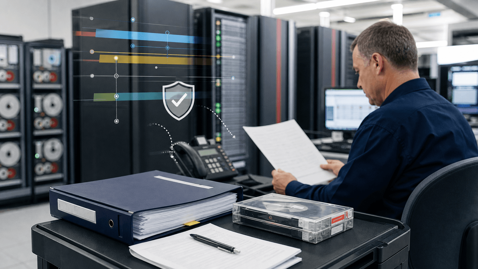 Editorial image of a mainframe operations change record with recovery media, binder, data center equipment and abstract reliability icons.