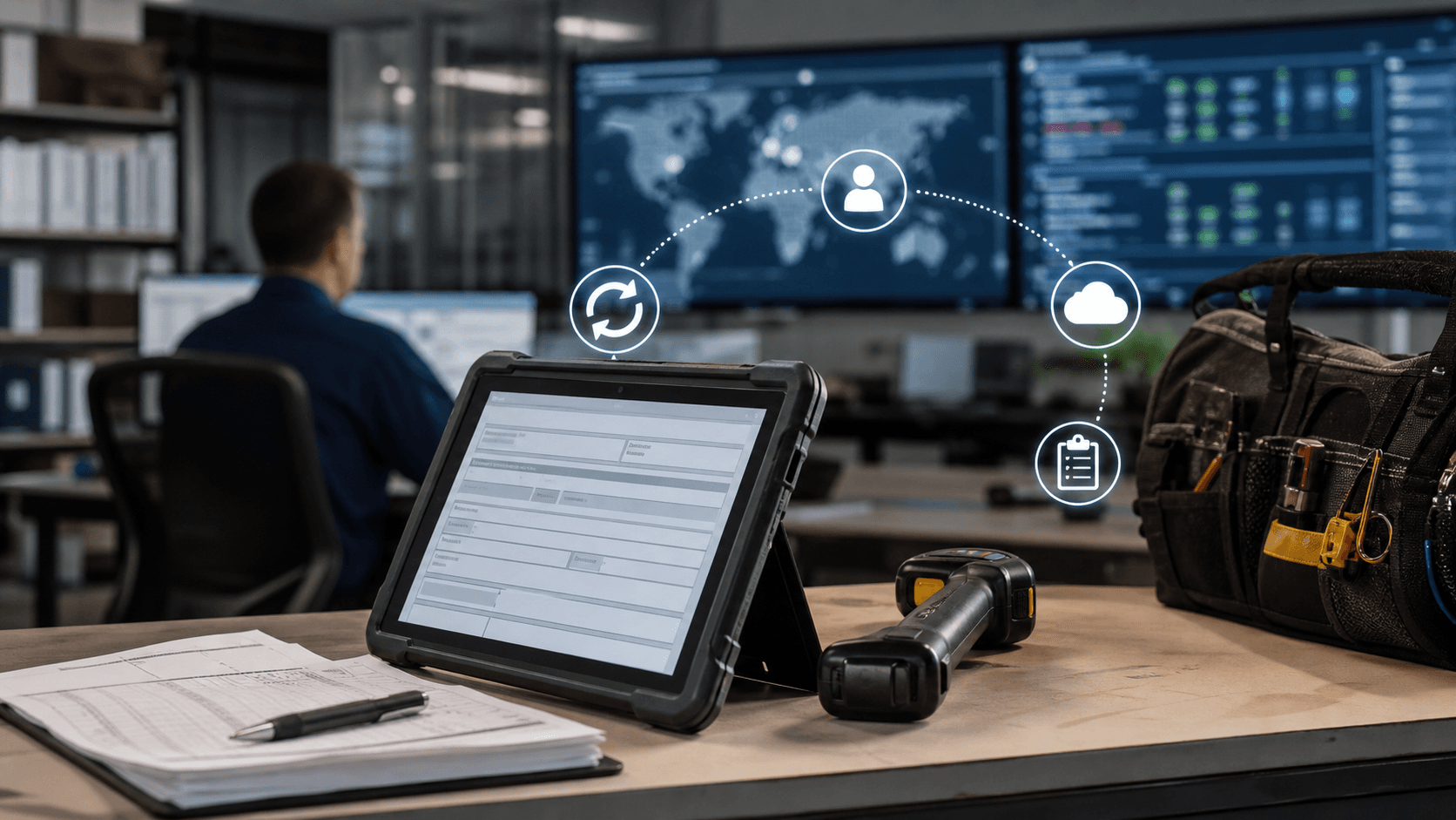 Editorial image of a rugged tablet and field operations tools representing mobile workflow synchronization and exception recovery.