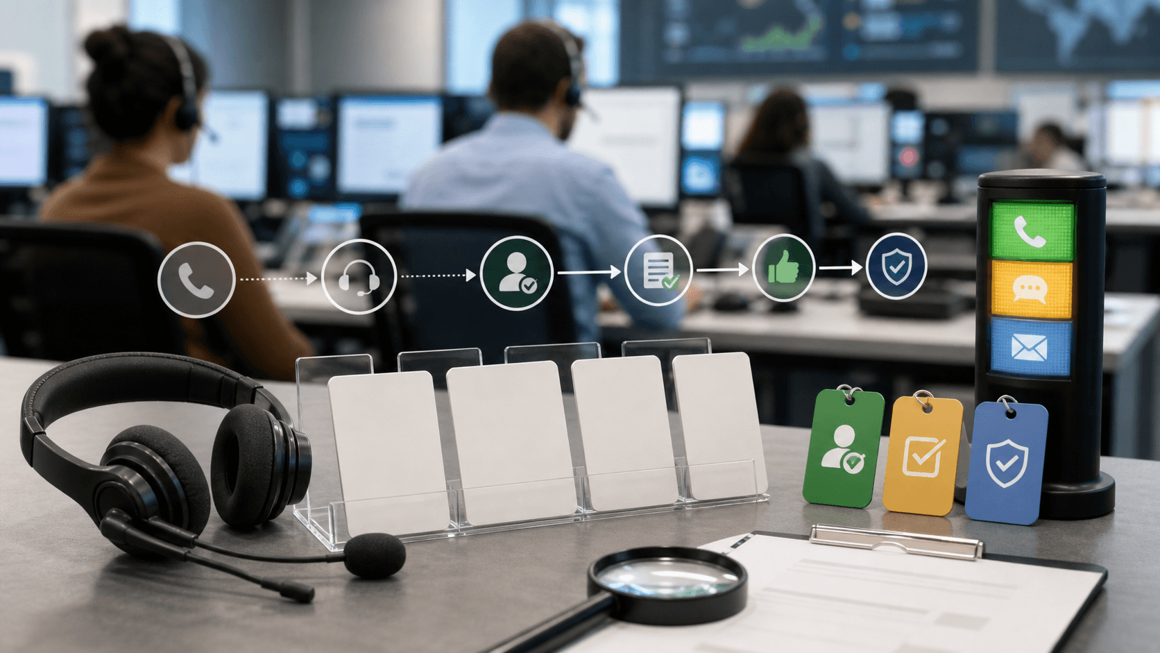 Editorial image of a contact-center workflow desk with headset, blank disposition cards, channel lights and compliance icons.