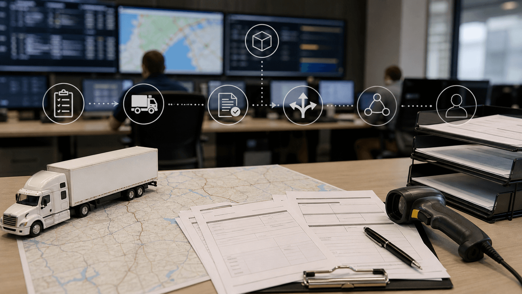Editorial image of a logistics dispatch table with model truck, route map, blank freight forms and abstract load-state icons.