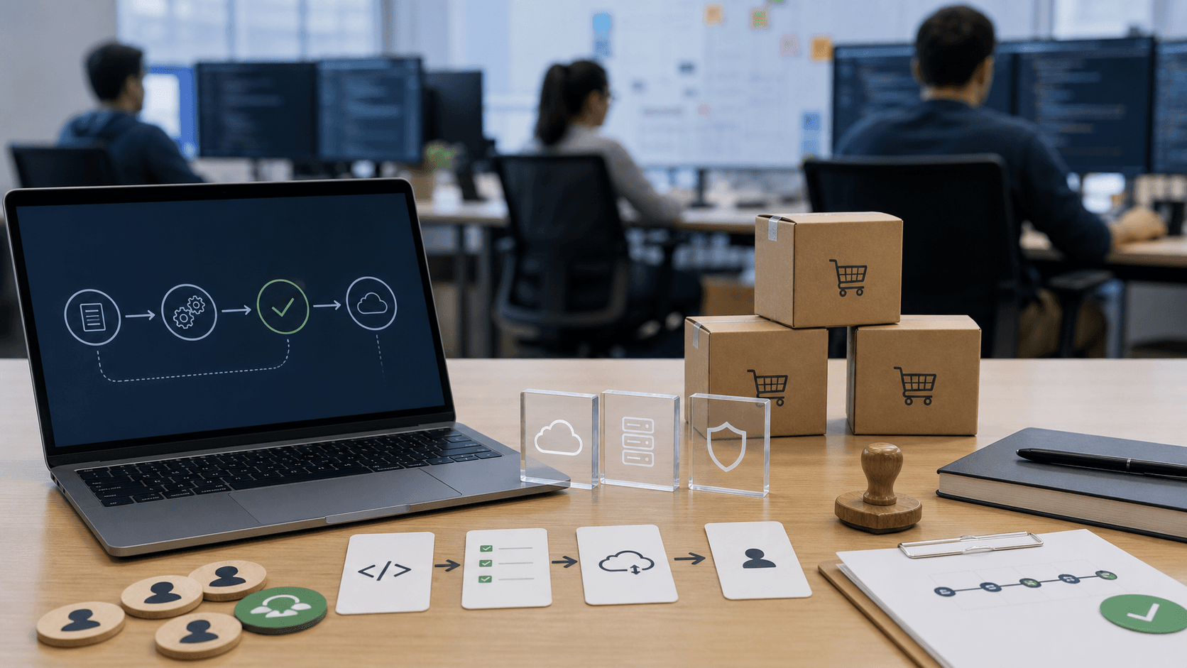 Editorial image of a commerce platform delivery handoff with laptop, code cards, cloud markers and unbranded order boxes.