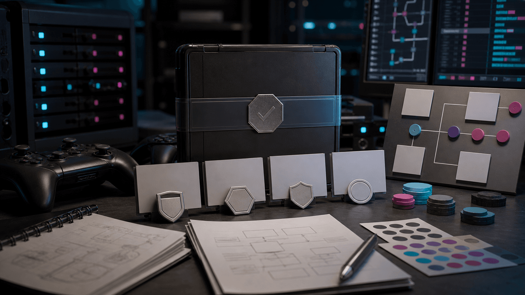 Editorial image of a game studio release operations bench with unbranded controllers, QA rack, sealed build case and certification tokens.