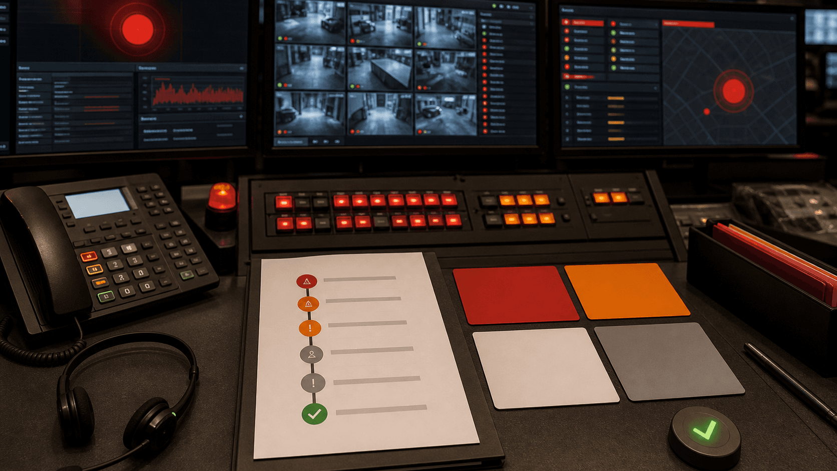 Editorial image of an alarm monitoring center desk with response protocol packet, headset, console status lights and incident timeline tokens.