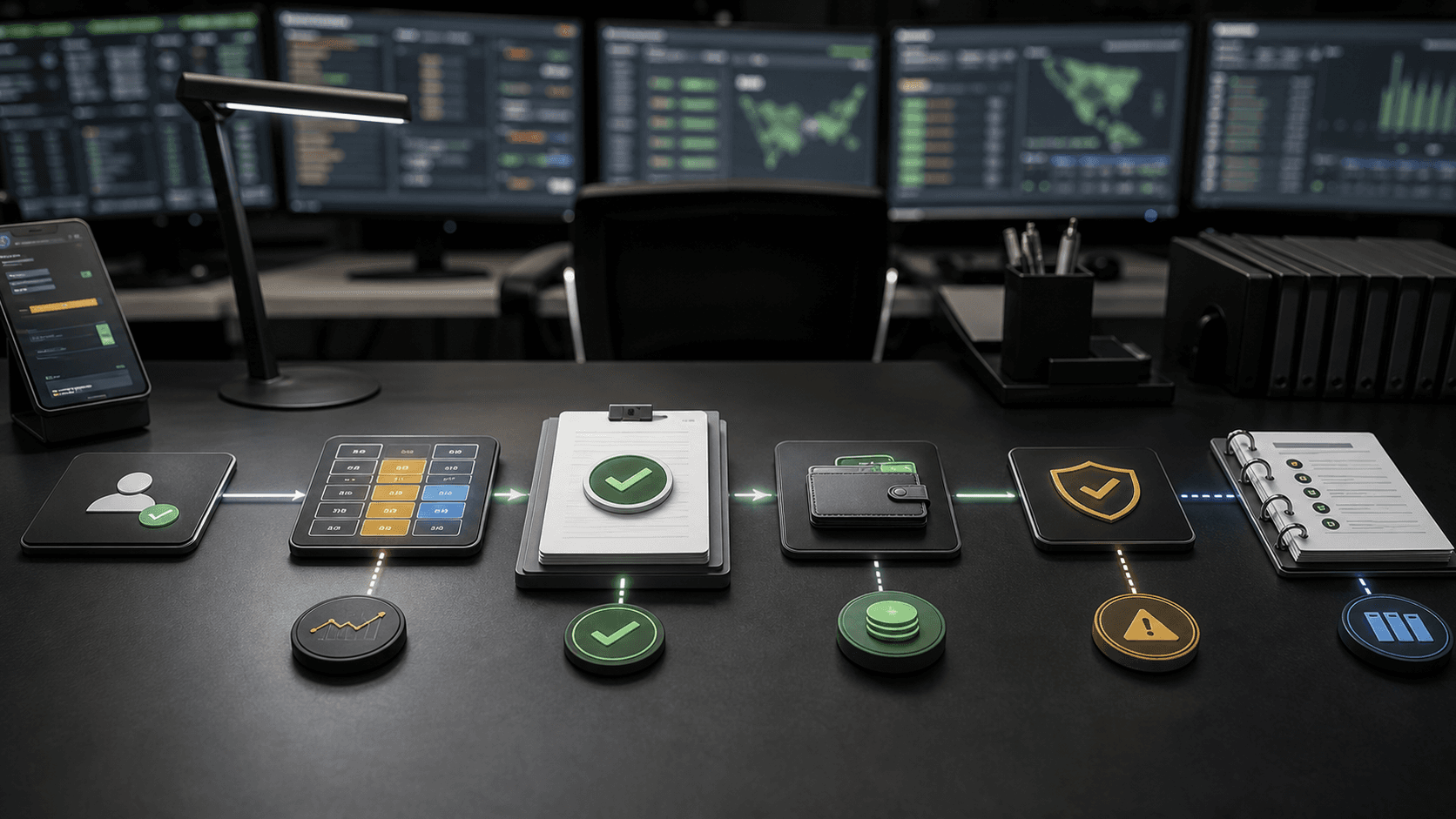 Editorial image of a betting-platform operations review desk with anonymized risk cards, match-state tokens, compliance folders and accepted settlement evidence.