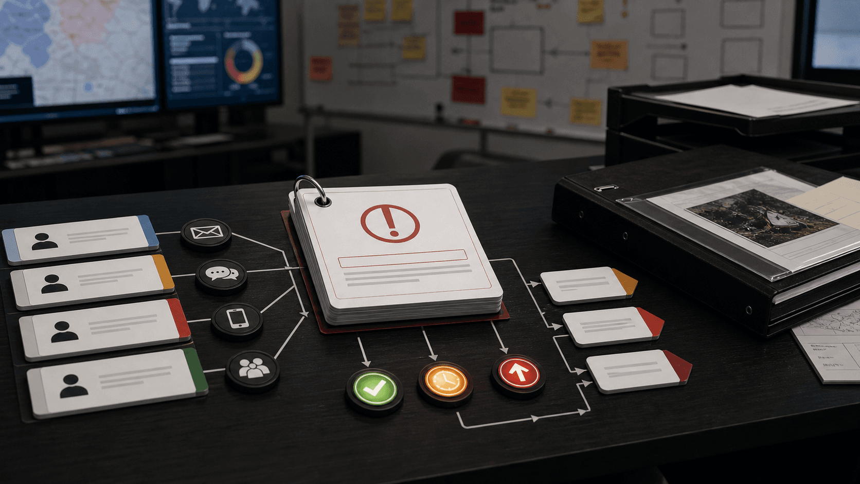 Editorial image of a crisis-alerting operations table with incident folders, notification blocks, escalation tokens and accepted emergency-response records.