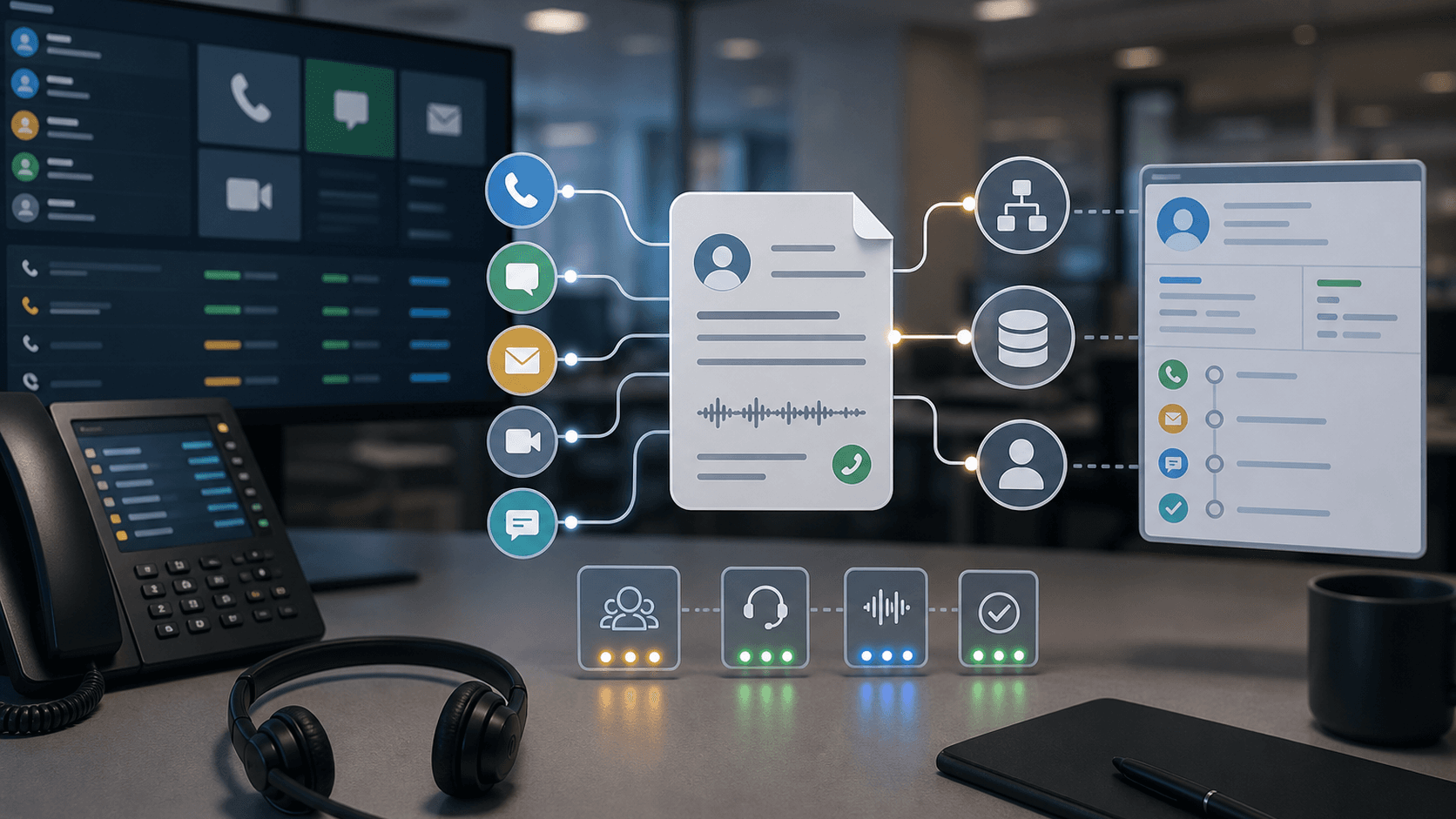 Editorial image of a cloud communications operations desk with call-flow modules, identity tokens, routing blocks and accepted customer contact evidence.
