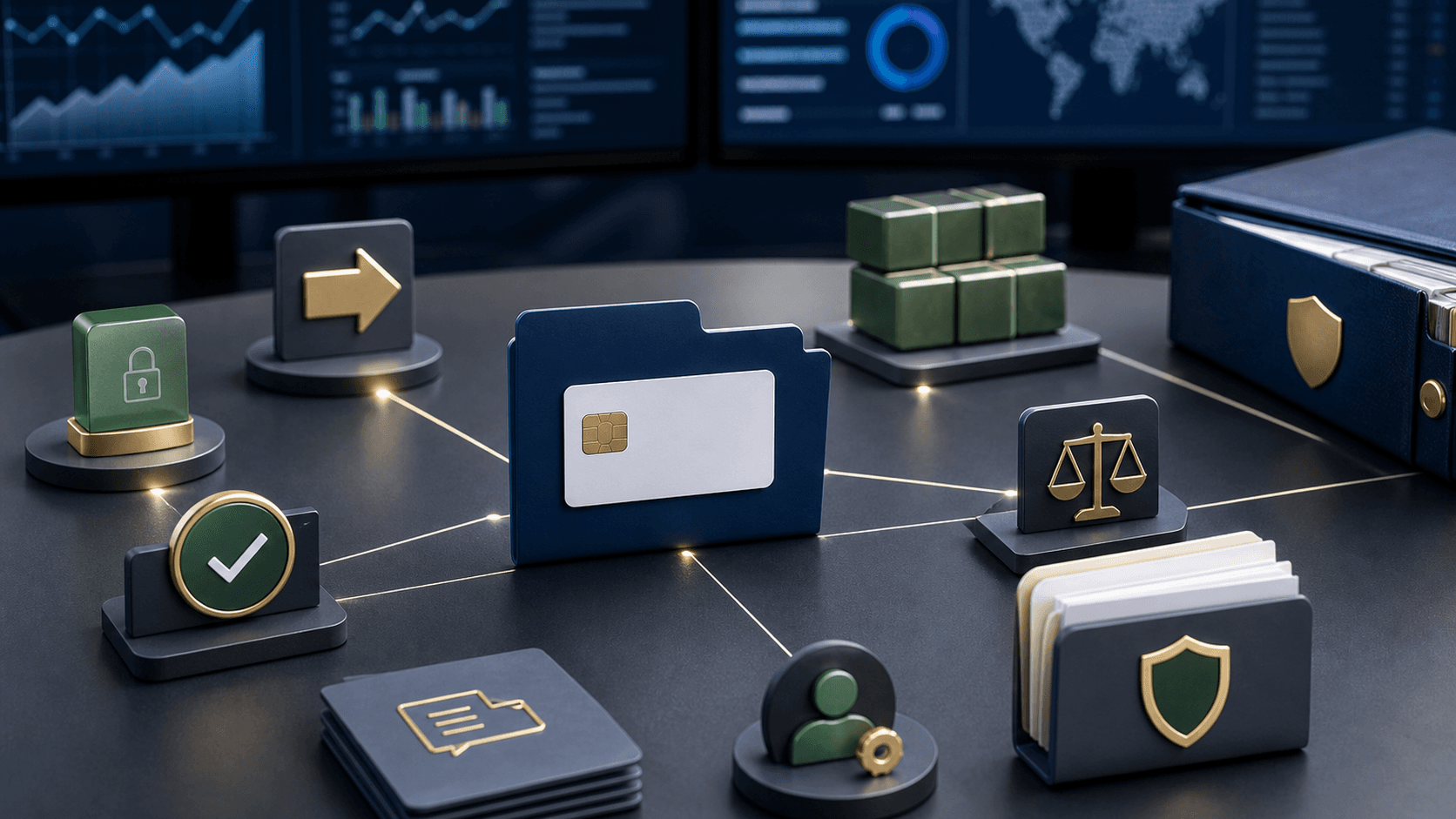 Editorial image of a card-processing operations bench with payment lifecycle folders, ledger blocks, approval tokens and accepted transaction record cues.