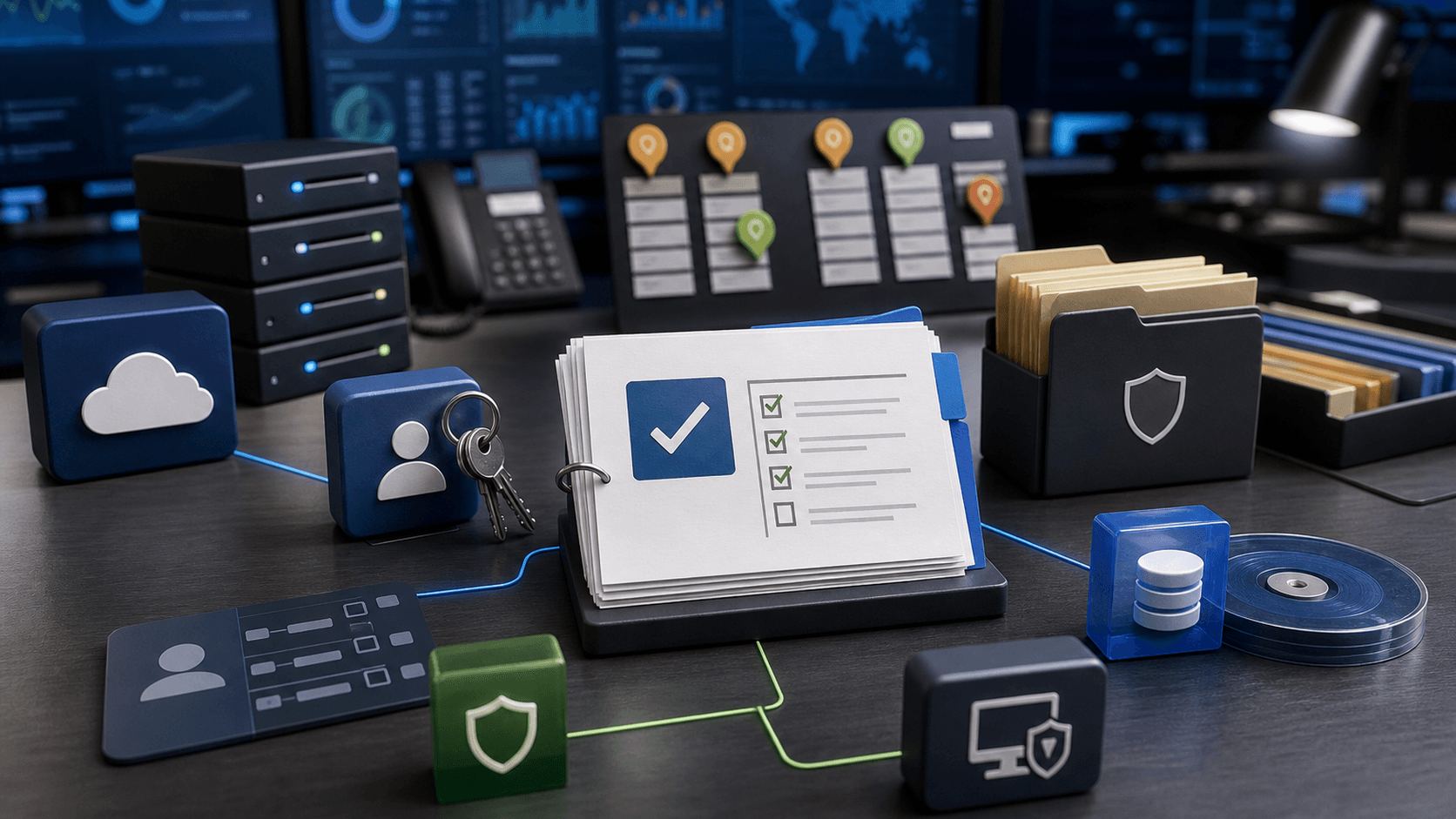 Editorial image of a managed IT operations desk with cloud tenant blocks, endpoint policy cards, support tickets and accepted change-control records.