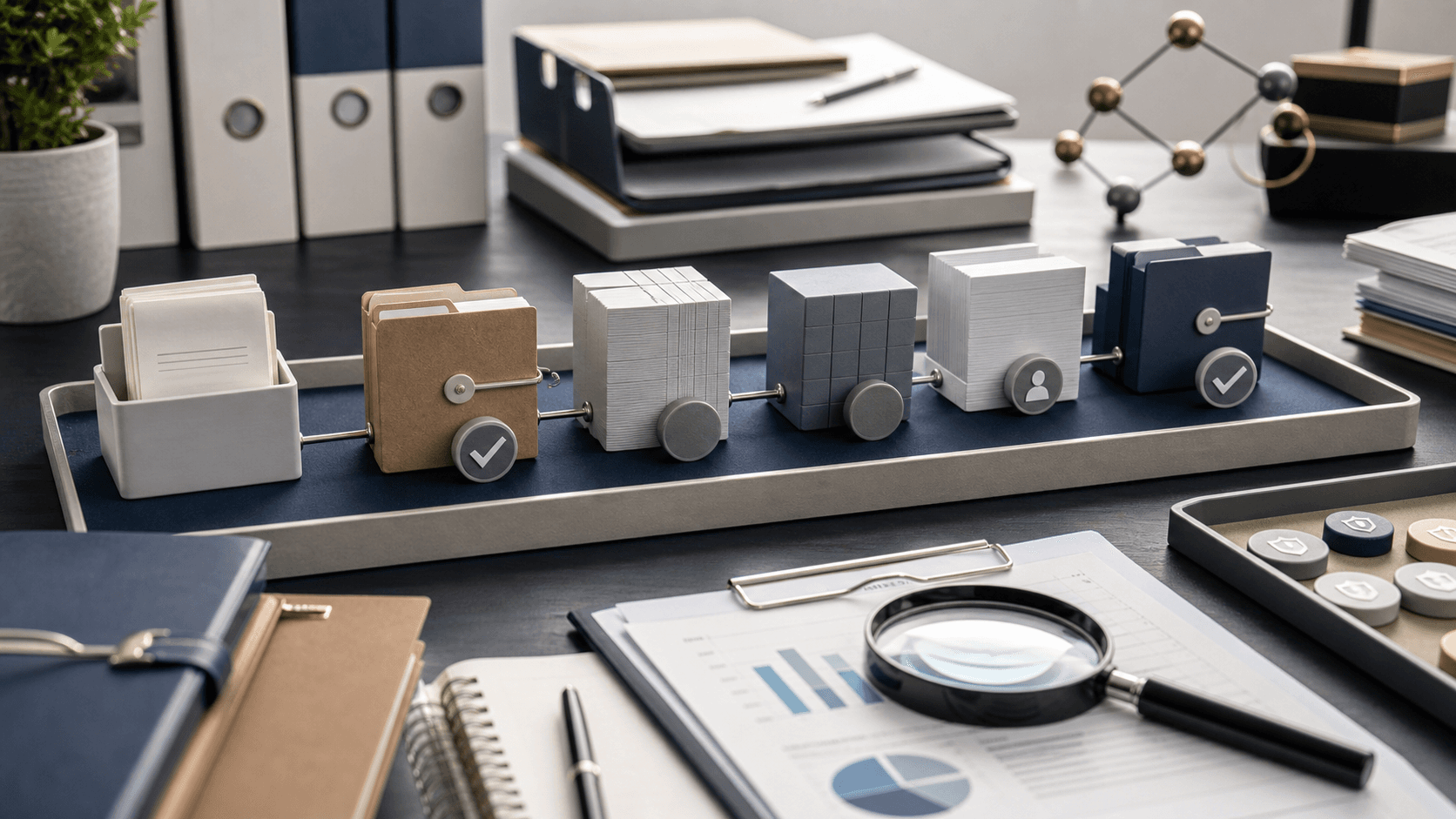 Editorial image of a lending-system operations desk with origination folders, servicing ledger blocks, compliance review materials and accepted account records.