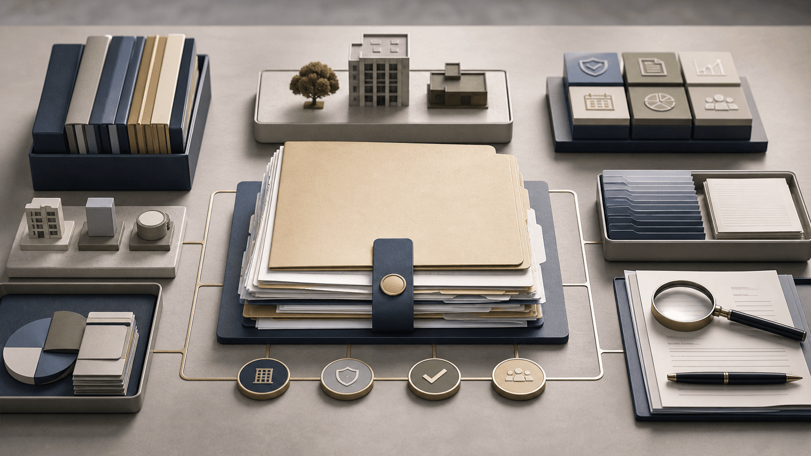 Editorial image of a commercial-loan servicing dossier with covenant blocks, collateral tokens, portfolio trays and accepted audit-reporting evidence.