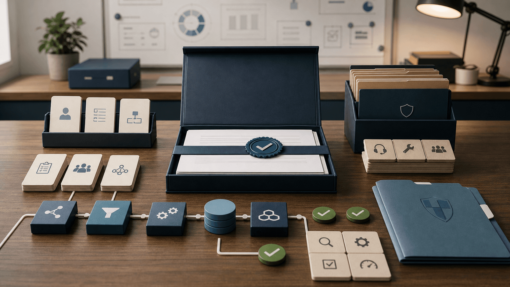 Editorial image of a production handoff kit with requirement cards, data-pipeline blocks, deployment tokens and accepted support materials.