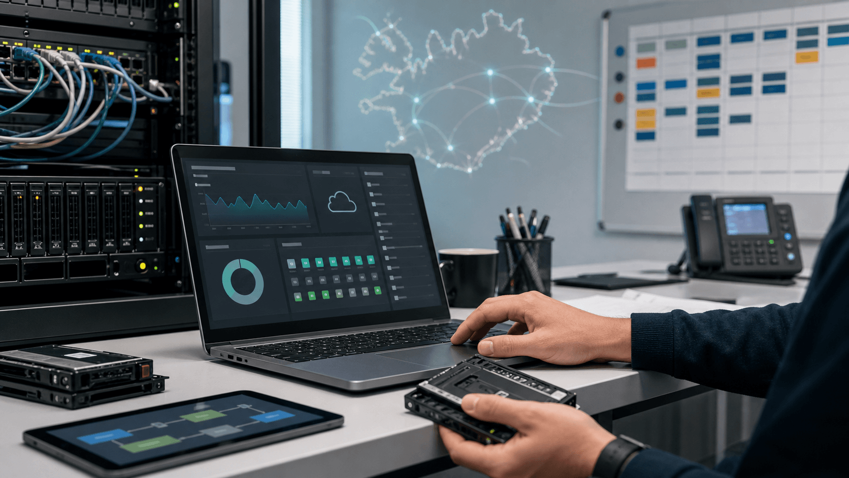Editorial image of Advania Hosting workload operations with server rack, backup drive and Icelandic connectivity context.