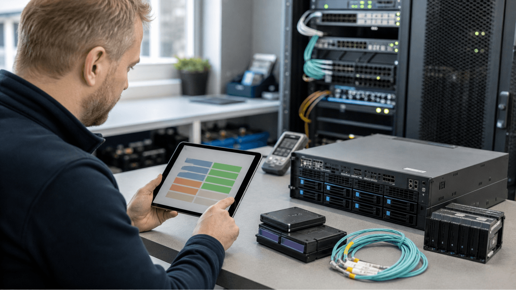 Editorial image of CreaNova Datacenter server-state validation with rack hardware, backup media and provisioning controls.