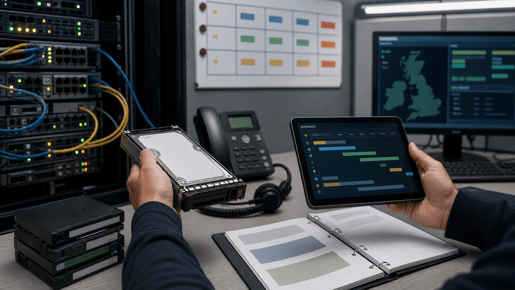 Editorial image of CWCS Managed Hosting recovery operations with backup drive, support headset and monitoring dashboard.