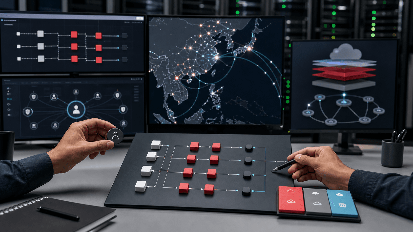 Editorial image of Kingsoft Cloud workload and CDN operations with regional delivery map, access token and deployment blocks.