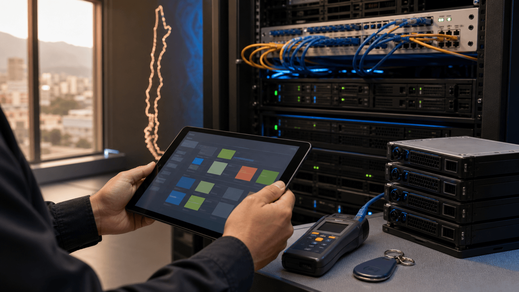 Editorial image of OpenCloud SpA local cloud server validation with Chile connectivity outline, rack equipment and access control.