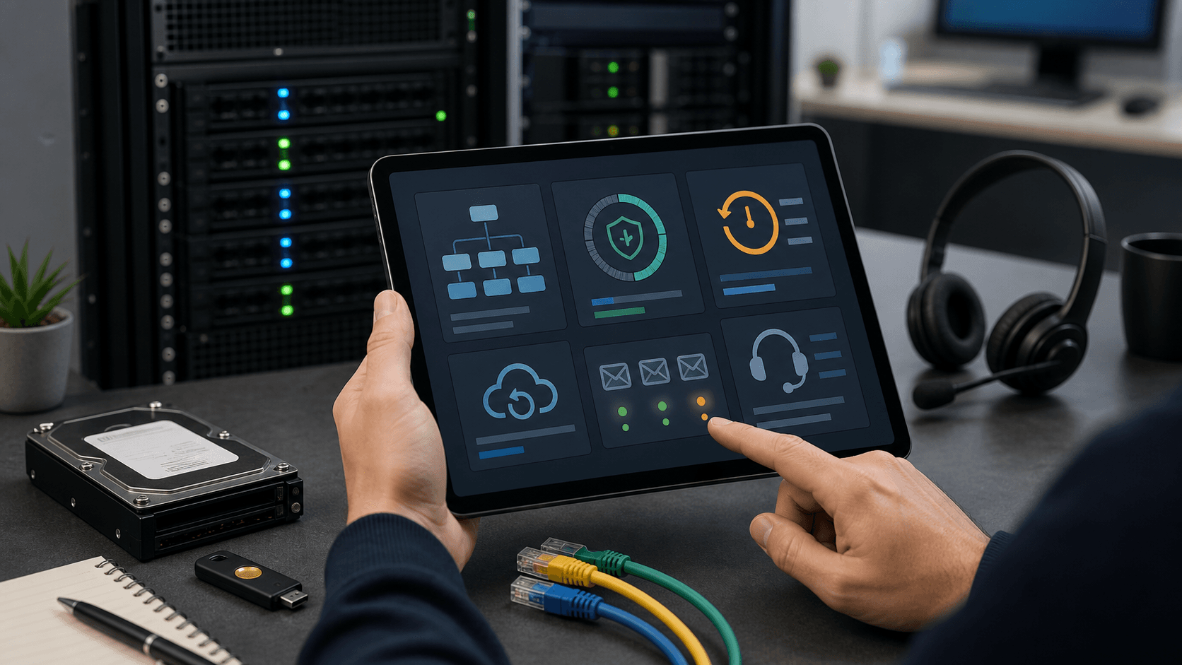 Editorial image of BlueHosting web-service operations with DNS, certificate renewal, backup and support controls on a tablet.