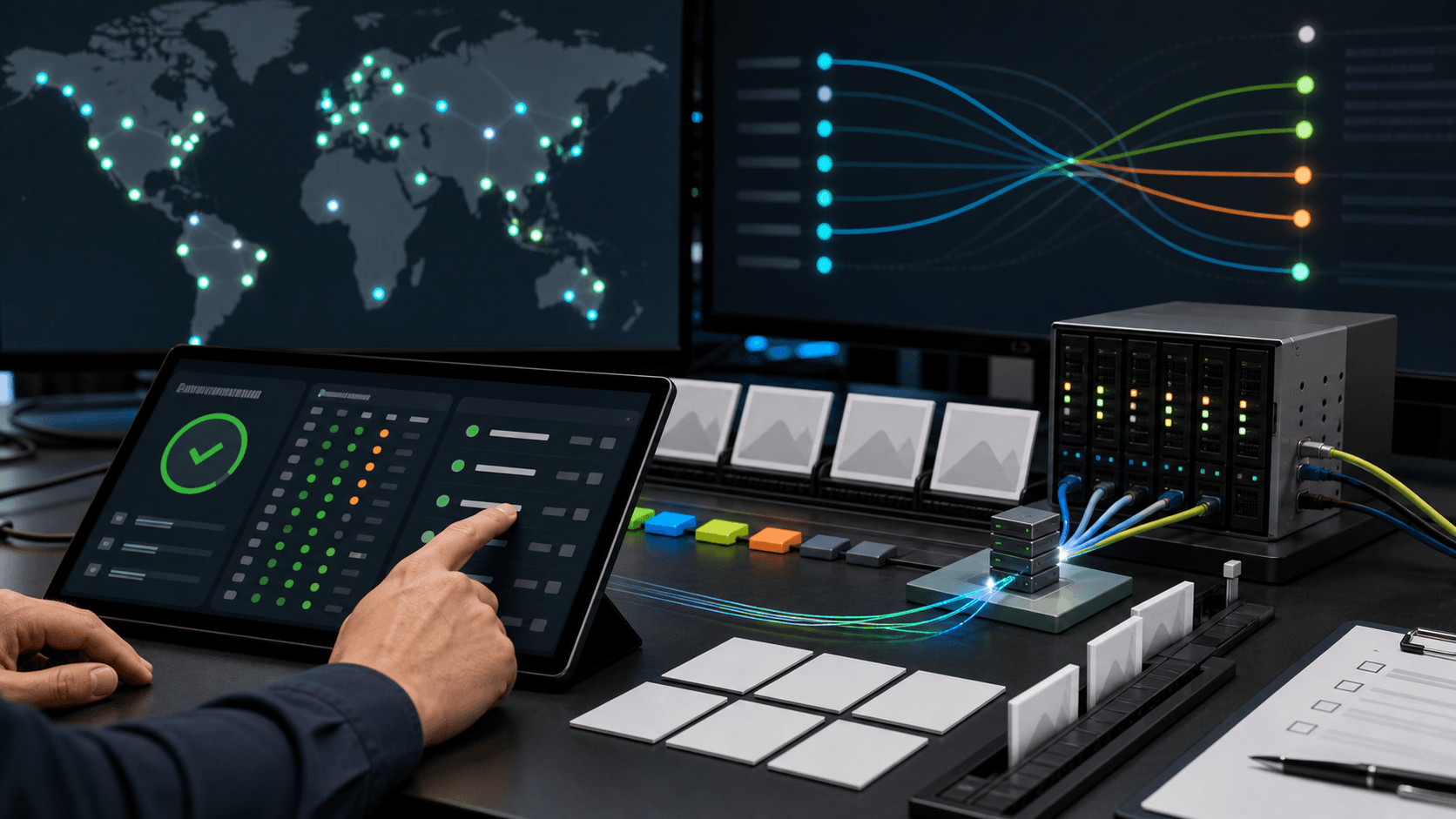 Editorial image of QUIC.cloud cache-state operations with edge routing, image queue tiles and origin handoff controls.