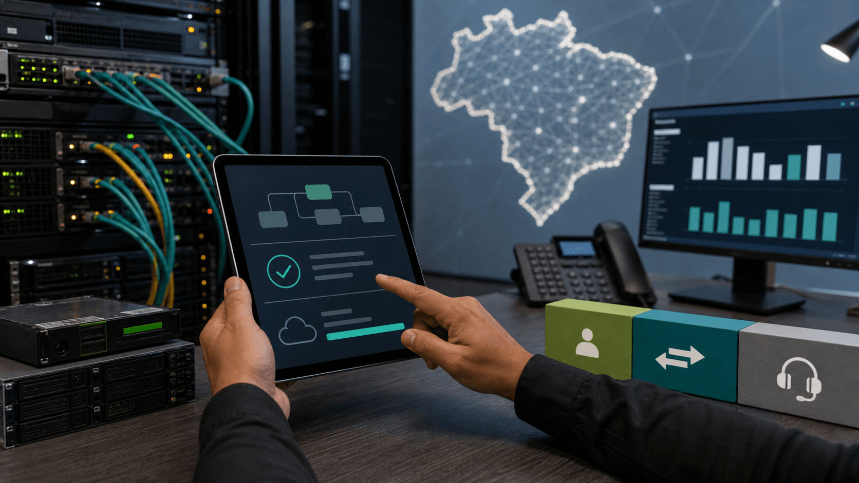 Editorial image of CloudX Brazilian cloud workload operations with recovery status, billing controls and local data map.