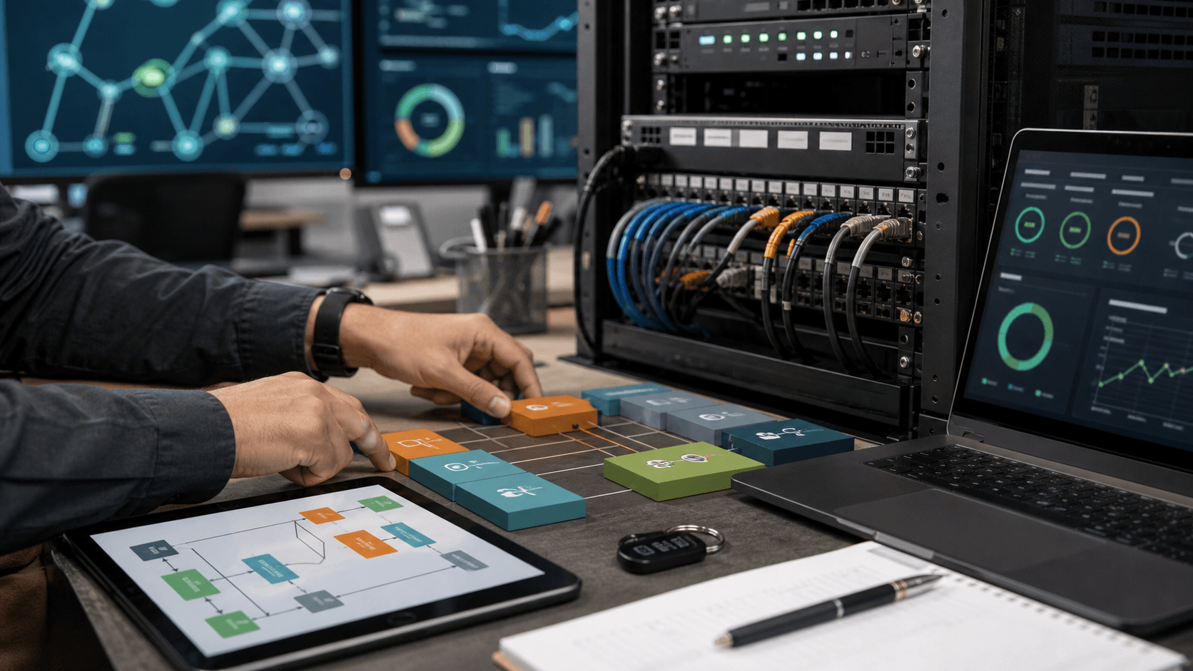 Editorial image of Edge4M infrastructure change management with rack patching, migration blocks and monitoring controls.