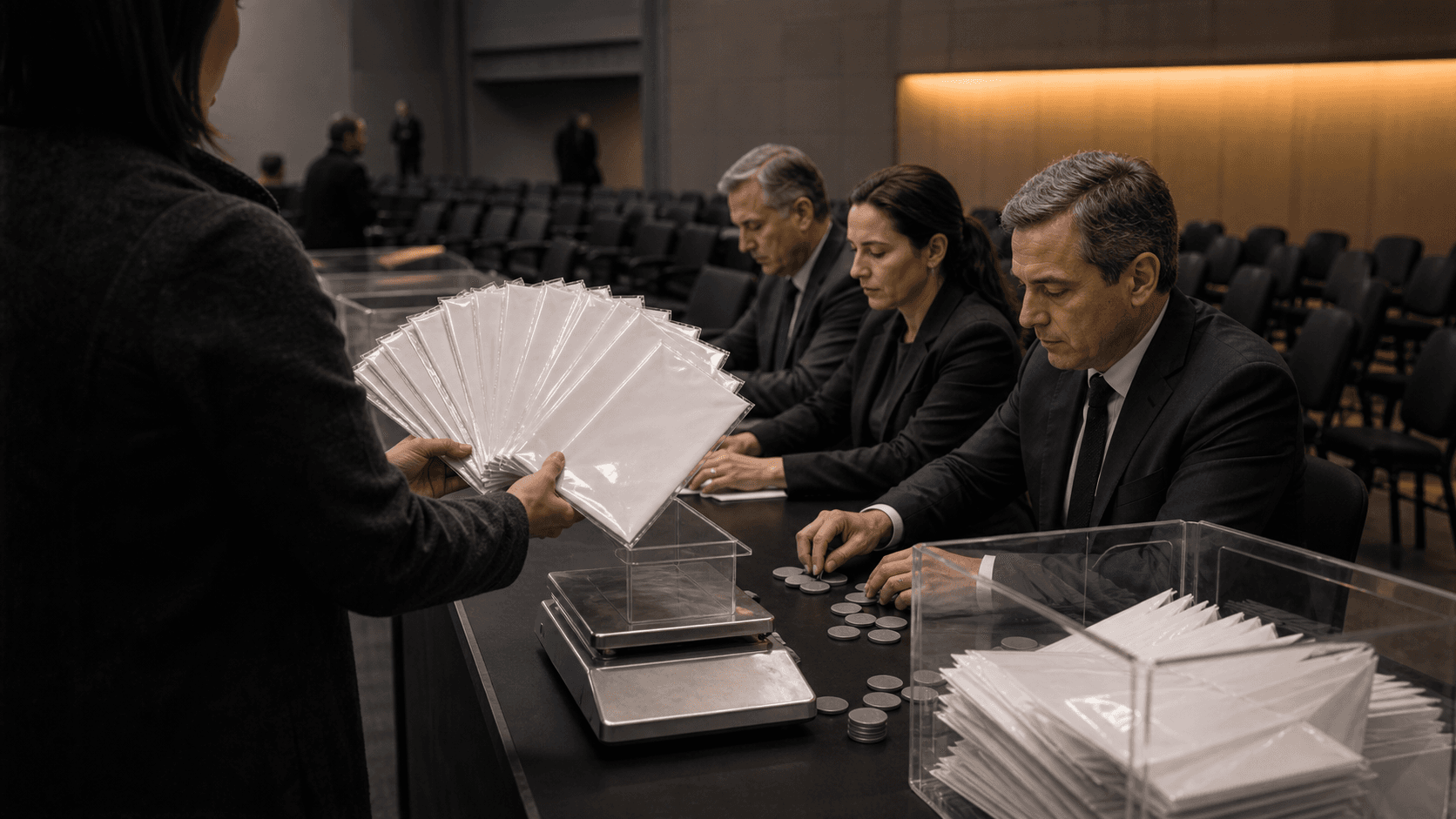 One neutral representative holds a carefully separated fan of many sealed mandate envelopes while independent officials count them under observation.