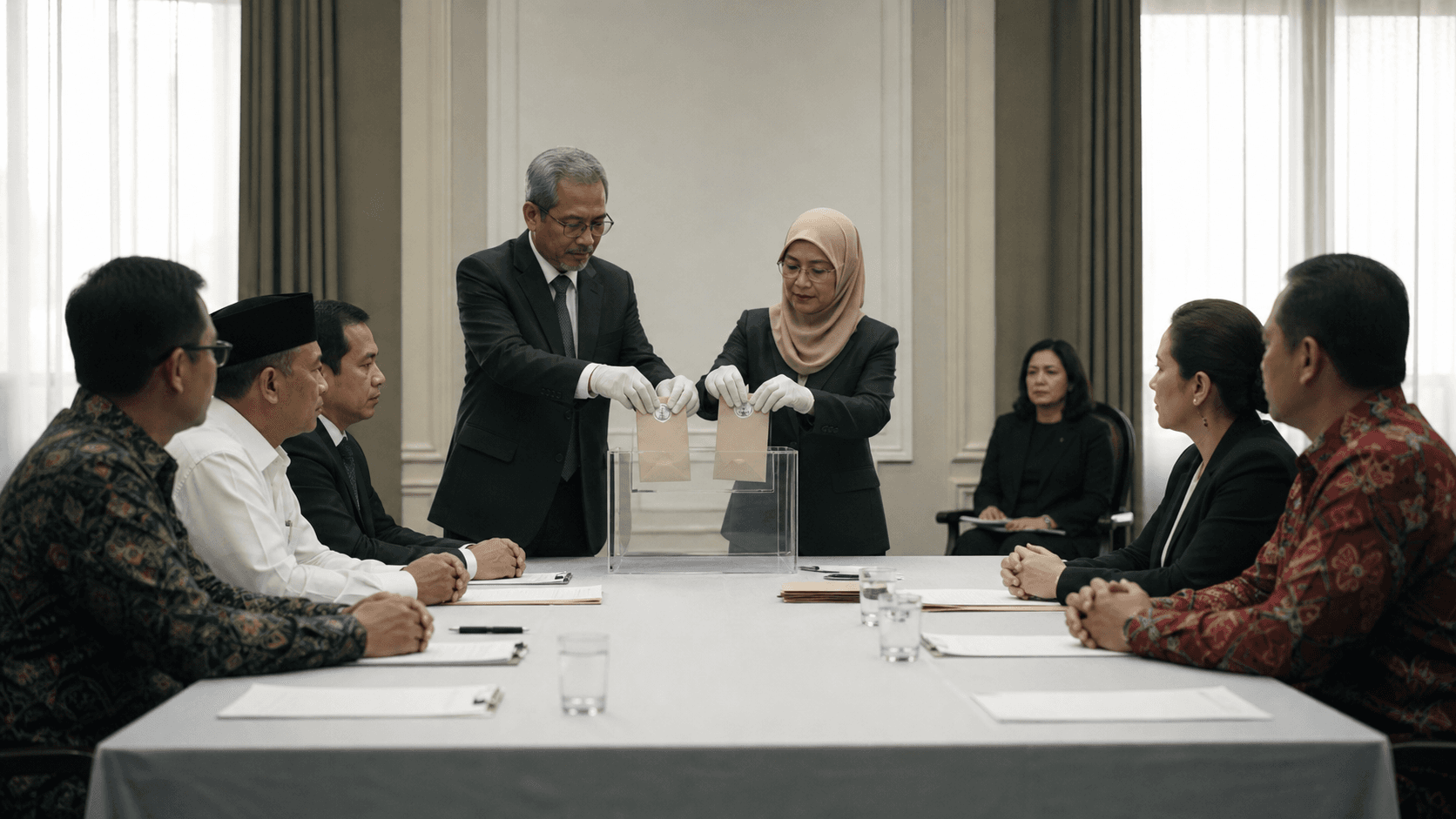 Election trustees conduct a transparent physical draw between two identical sealed lots while candidates and observers watch.